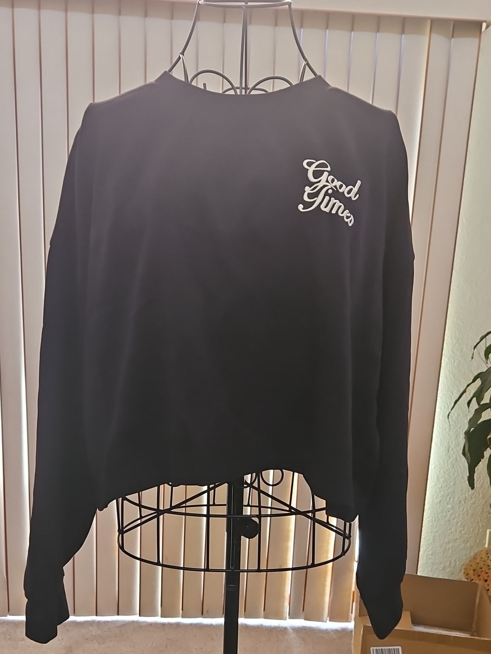 Old Navy Black Pullover Sweatshirt with White "Good Times" Graphic